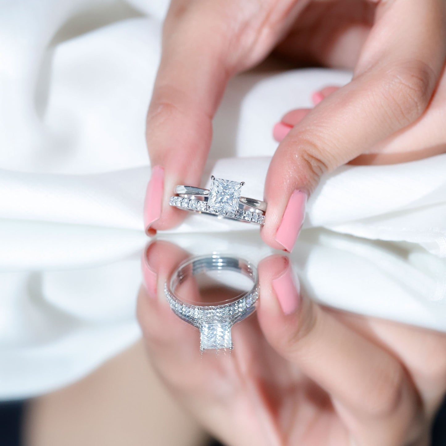 Certified 3 Carat Princess Cut Moissanite Engagement Ring with Wedding Band