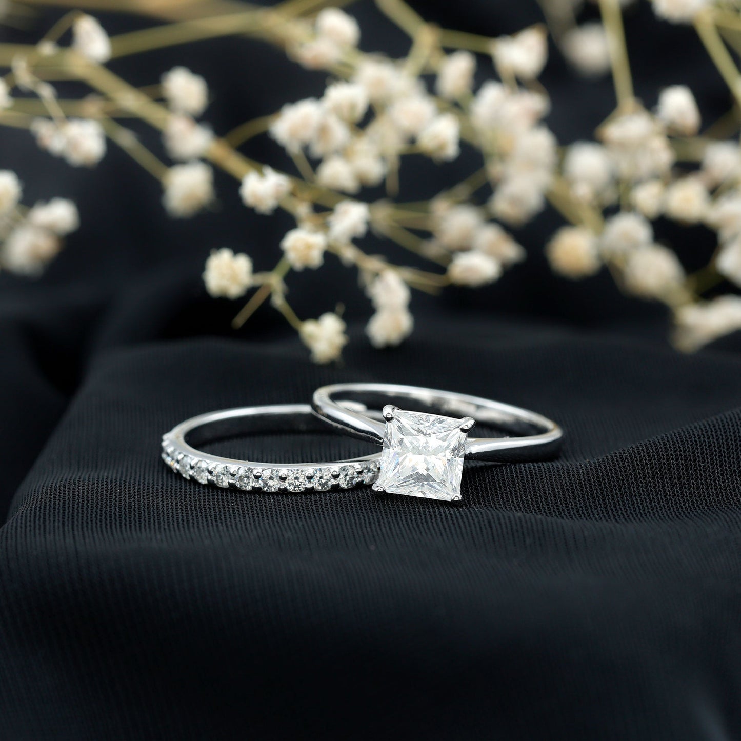 Certified 3 Carat Princess Cut Moissanite Engagement Ring with Wedding Band