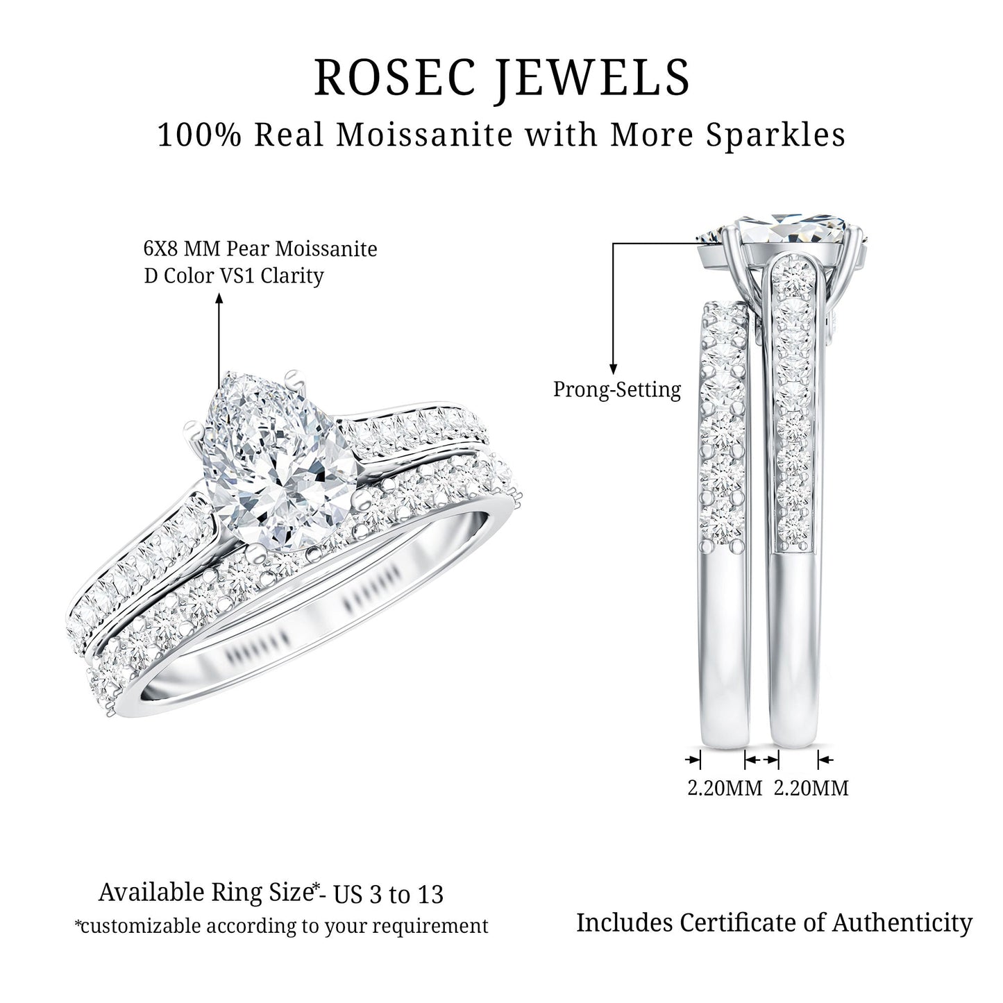 Certified 1 Carat Moissanite Pear Shaped Engagement Ring with Enhancer