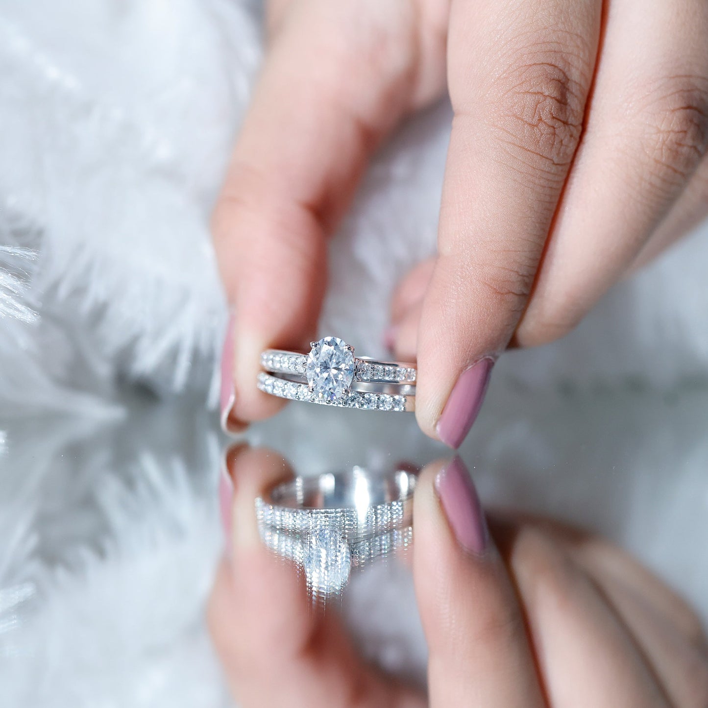 Certified Moissanite Oval Engagement Ring Set