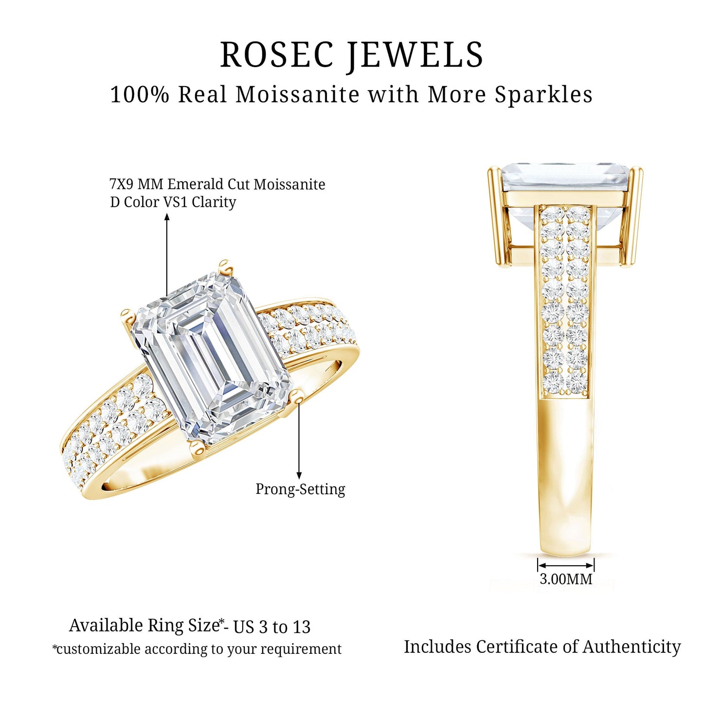 Emerald Cut Moissanite Big Engagement Ring