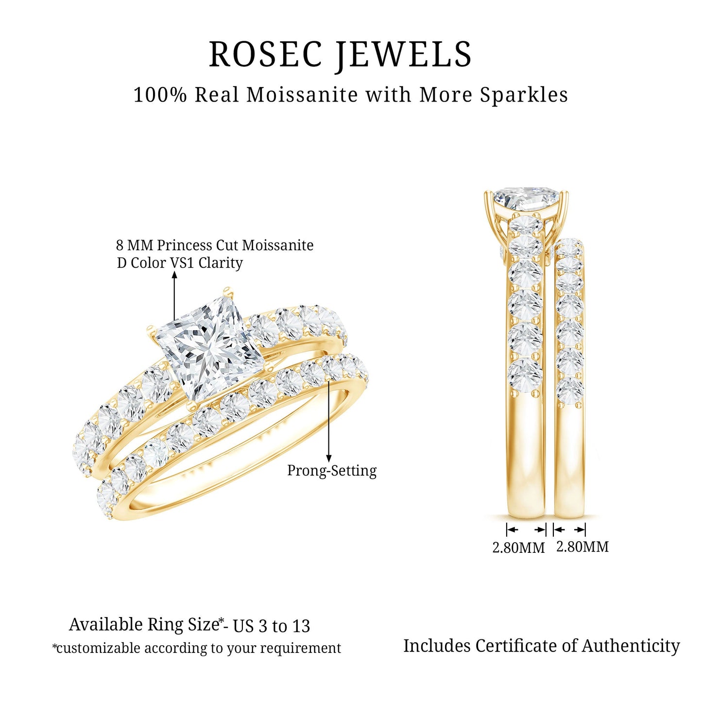 Princess Cut Moissanite Engagement Ring with Wedding Band