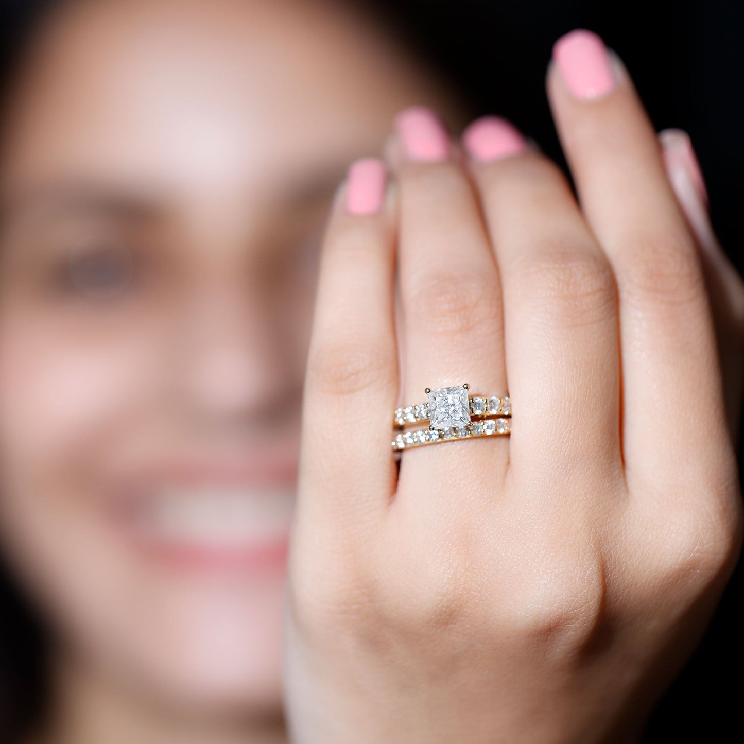 Princess Cut Moissanite Engagement Ring with Wedding Band
