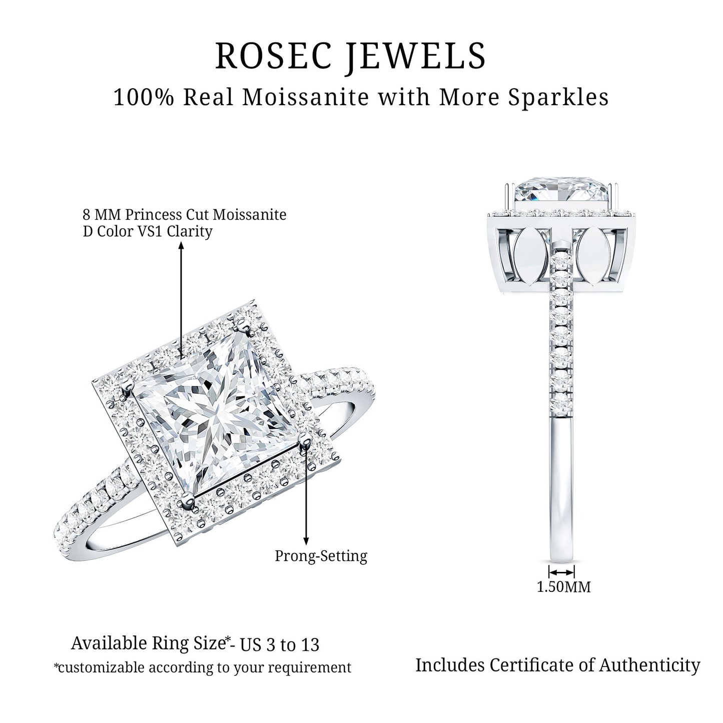 3 Carat Princess Cut Moissanite Halo Engagement Ring