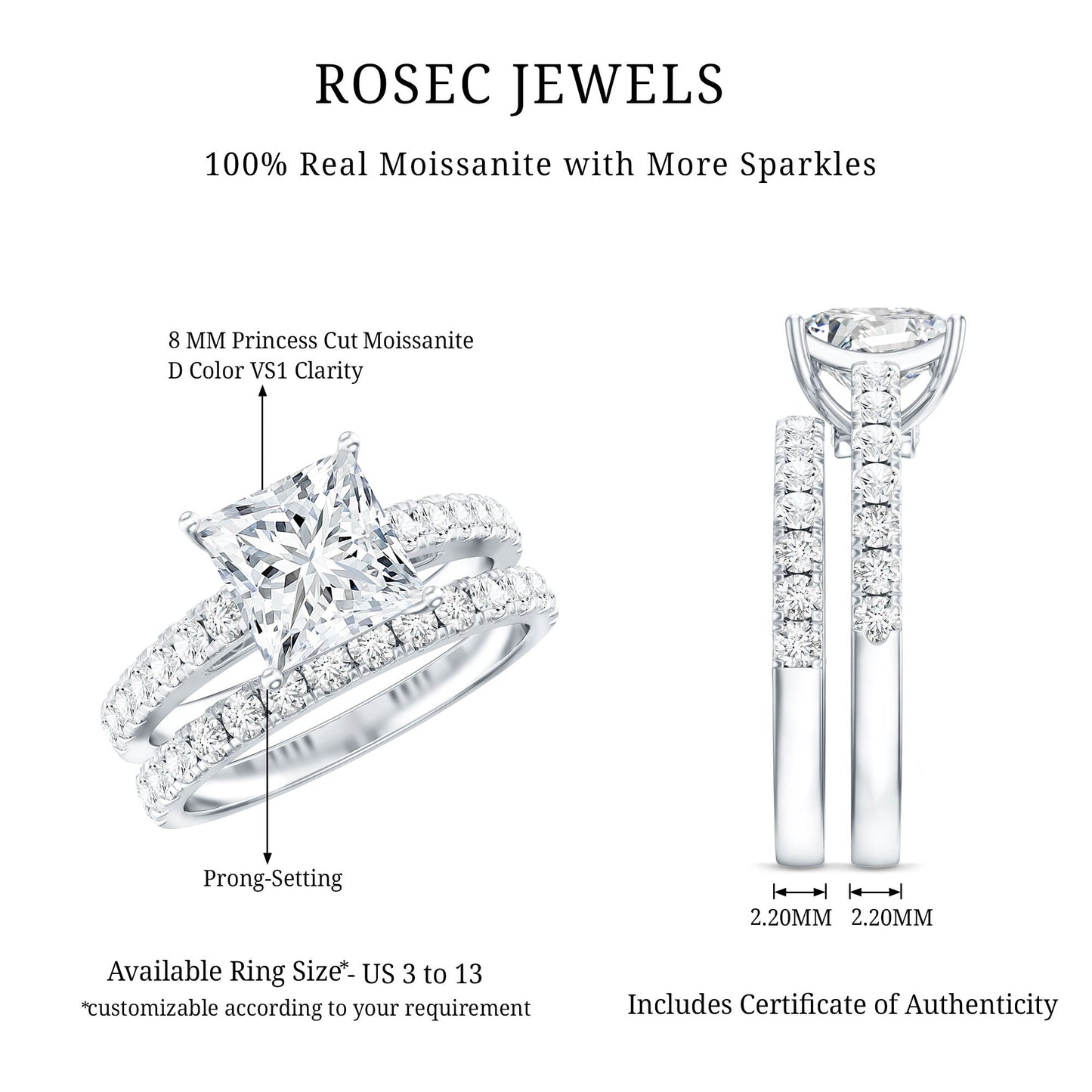 Moissanite 3 Carat Princess Cut Engagement Ring with Enhancer