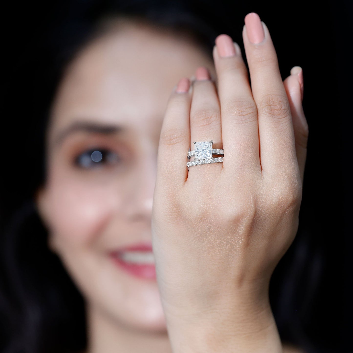 Moissanite 3 Carat Princess Cut Engagement Ring with Enhancer