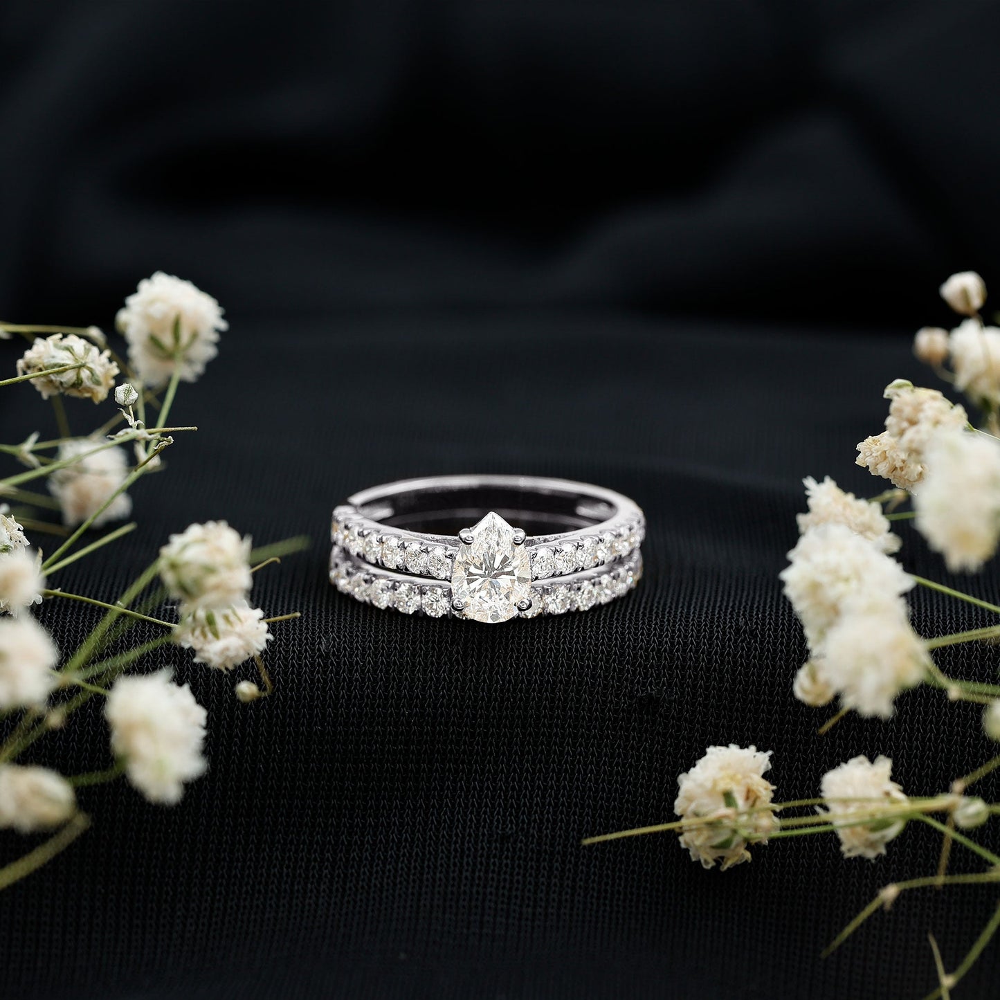 Pear Shaped Moissanite Engagement Ring with Wedding Band