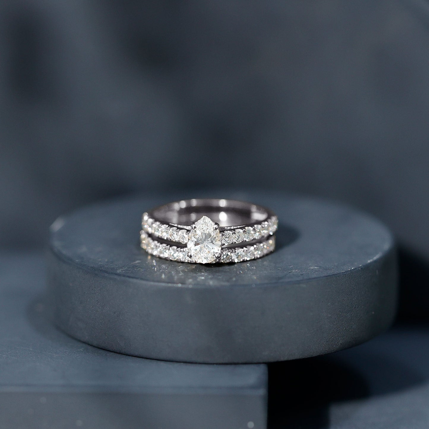 Pear Shaped Moissanite Engagement Ring with Wedding Band