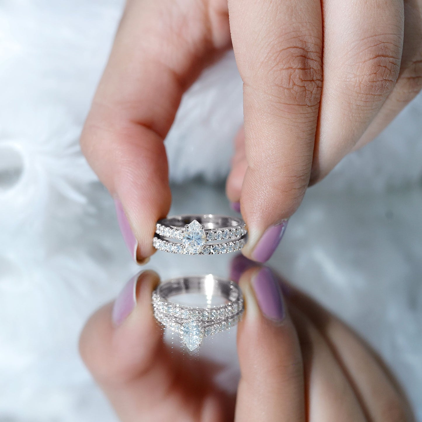 Pear Shaped Moissanite Engagement Ring with Wedding Band