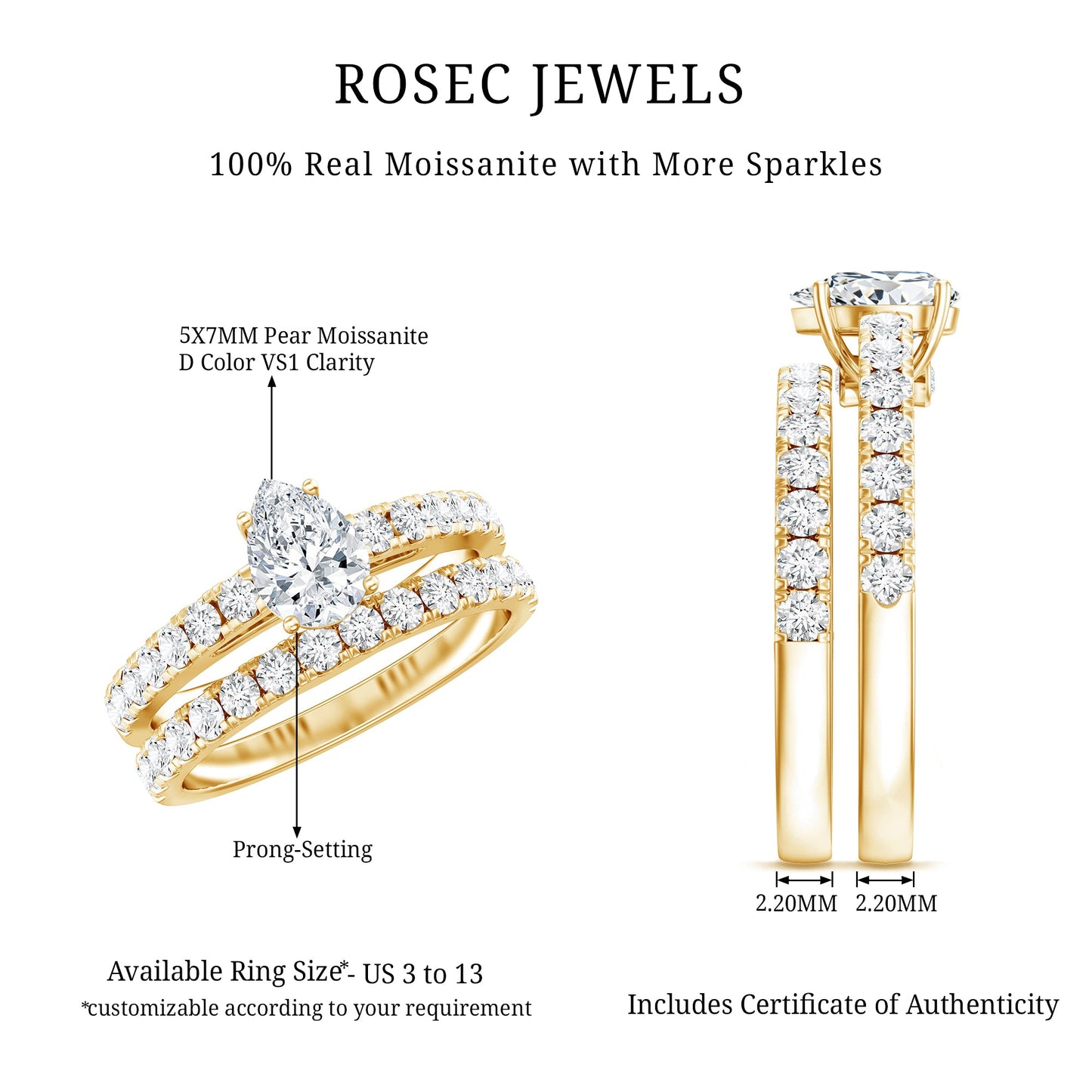 Pear Shaped Moissanite Engagement Ring with Wedding Band