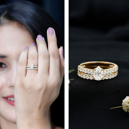 Pear Shaped Moissanite Engagement Ring with Wedding Band