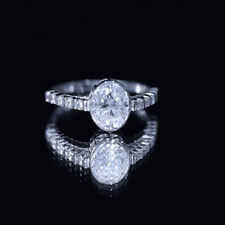 Bezel Set Moissanite Oval Engagement Ring with Side Stones