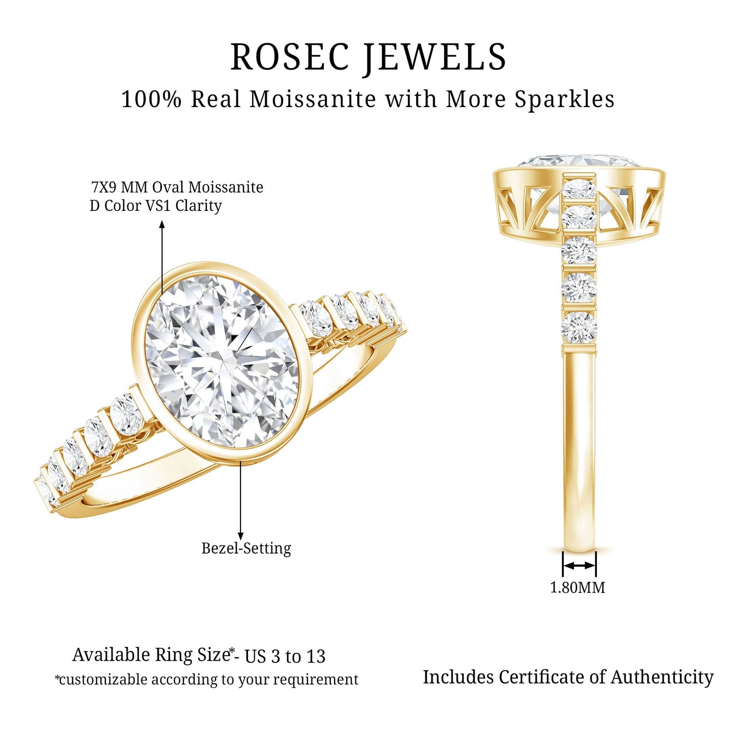 Bezel Set Moissanite Oval Engagement Ring with Side Stones