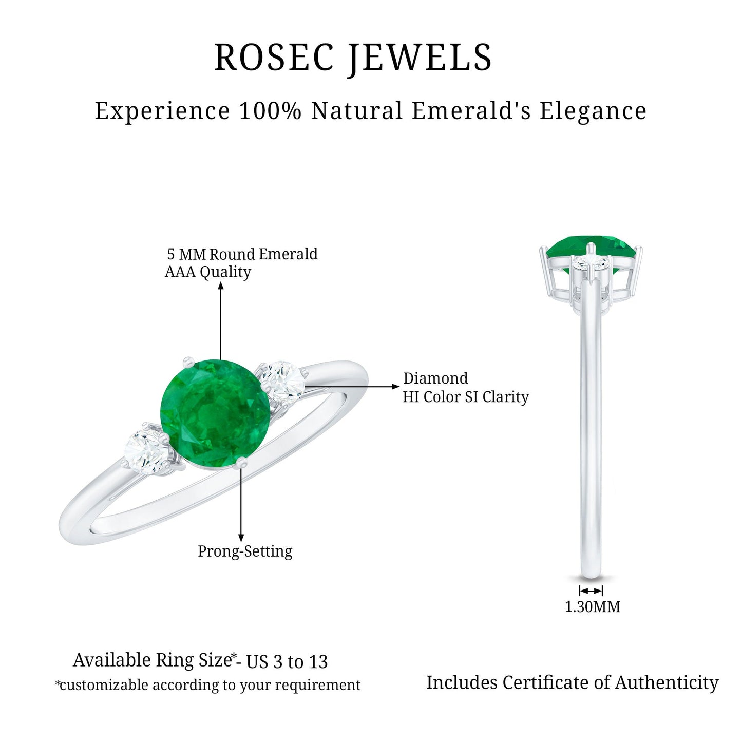Natural Emerald Diamond Three Stone Promise Ring
