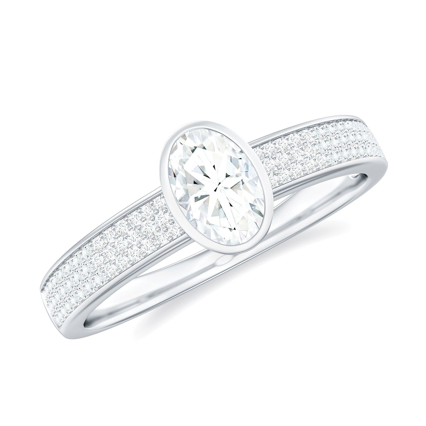 Oval Cut Moissanite Side Stone Engagement Ring in Bezel Setting