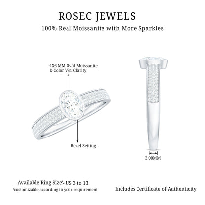 Oval Cut Moissanite Side Stone Engagement Ring in Bezel Setting