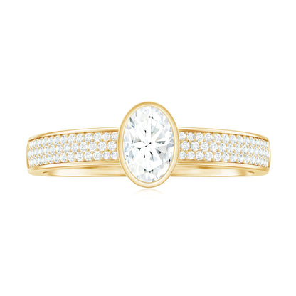 Oval Cut Moissanite Side Stone Engagement Ring in Bezel Setting