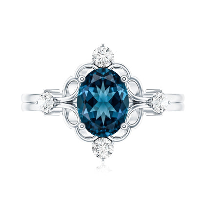 Art Deco Inspired Blue Topaz Oval Engagement Ring with Diamond
