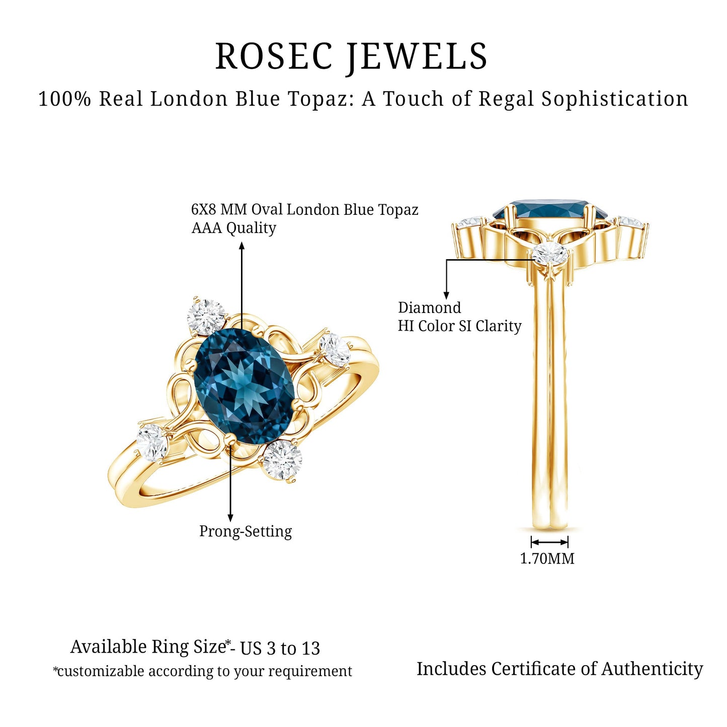 Art Deco Inspired Blue Topaz Oval Engagement Ring with Diamond