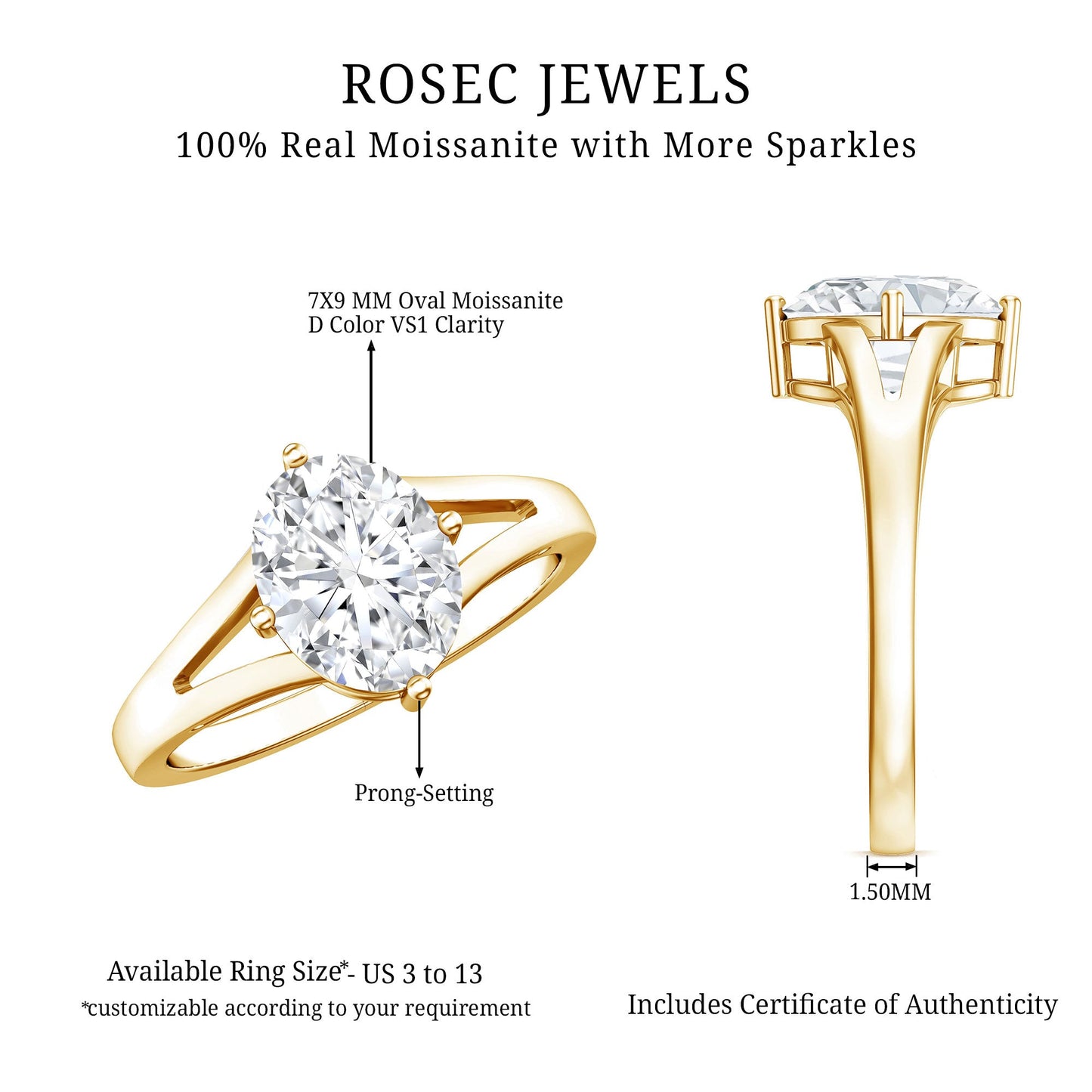 Oval Cut Moissanite Solitaire Engagement Ring in Split Shank