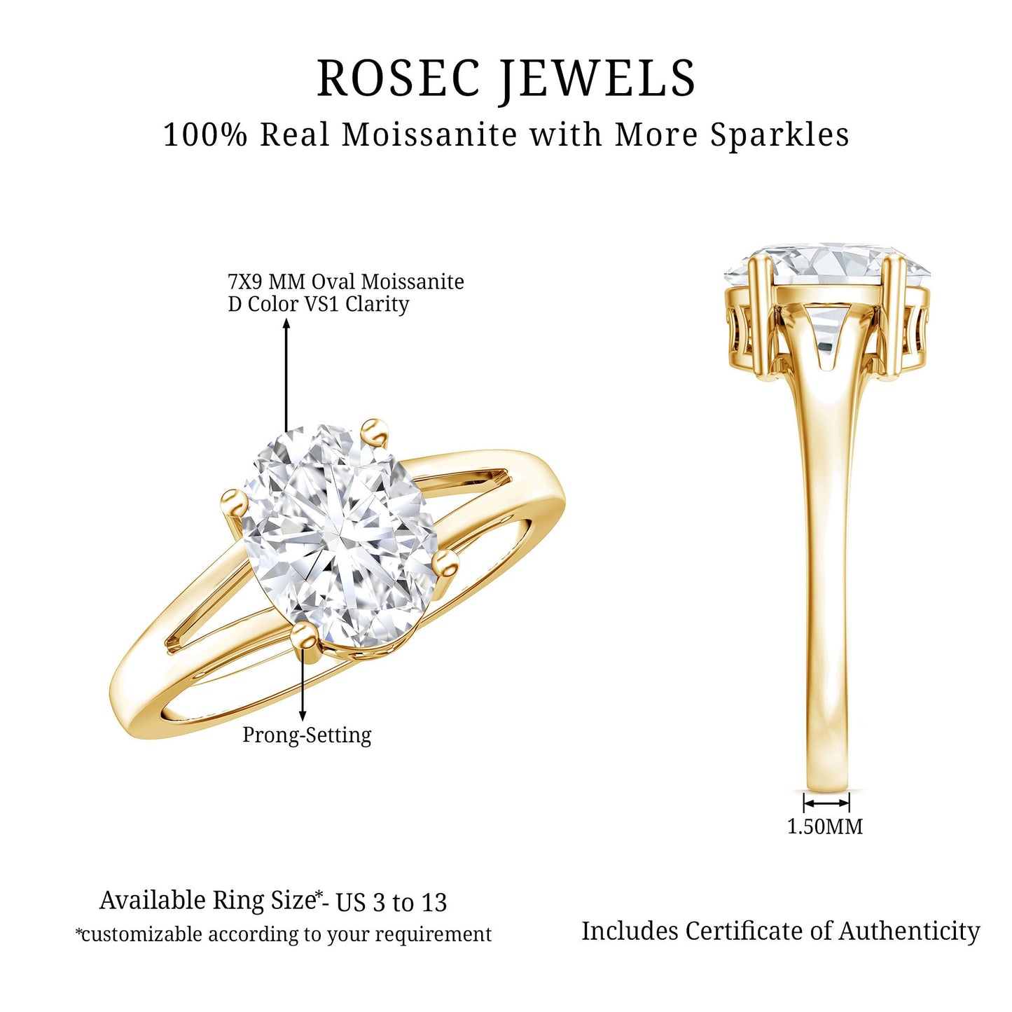Solitaire Oval Cut Moissanite Split Shank Engagement Ring