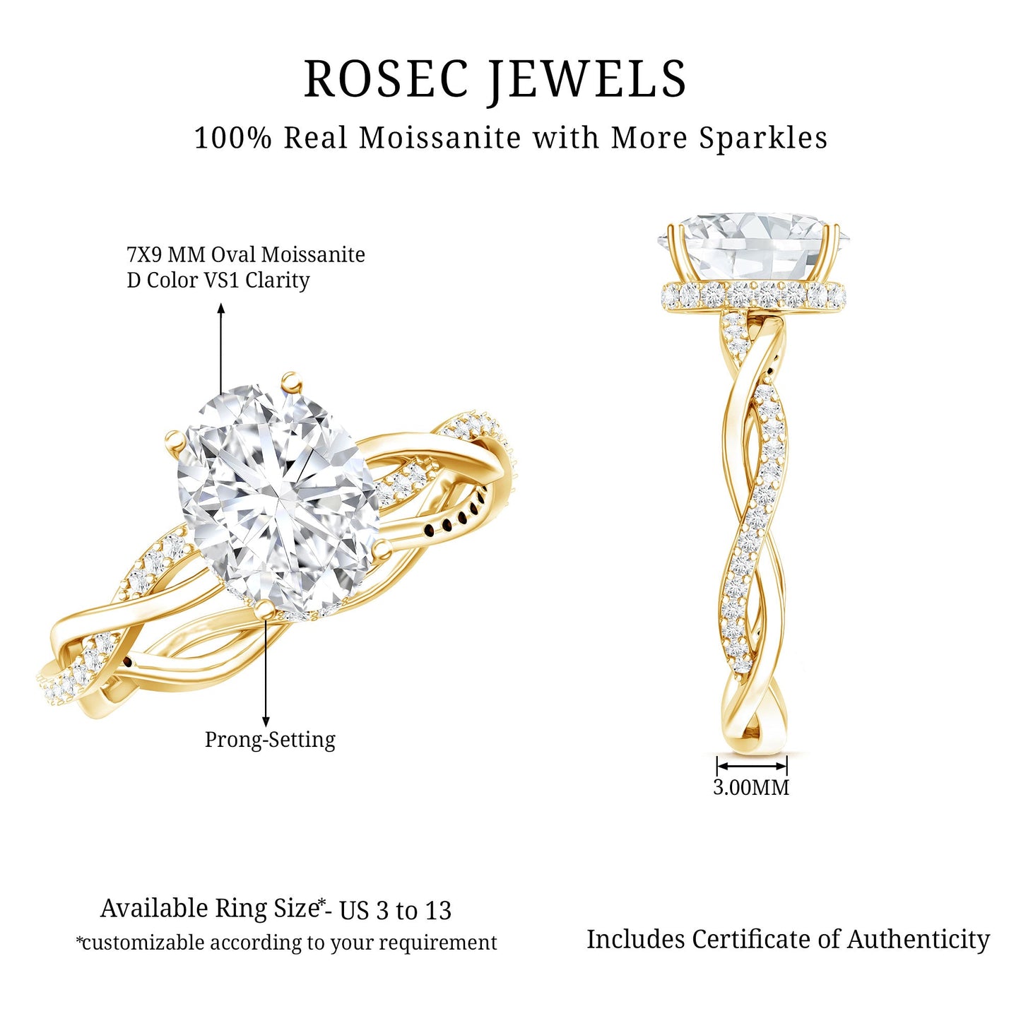 Certified 2 Carat Moissanite Hidden Halo Engagement Ring in Silver