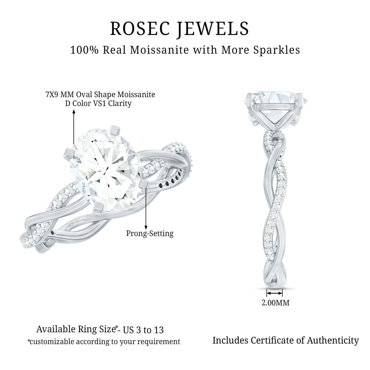 Oval Shape Moissanite Solitaire Engagement Ring in Braided Shank