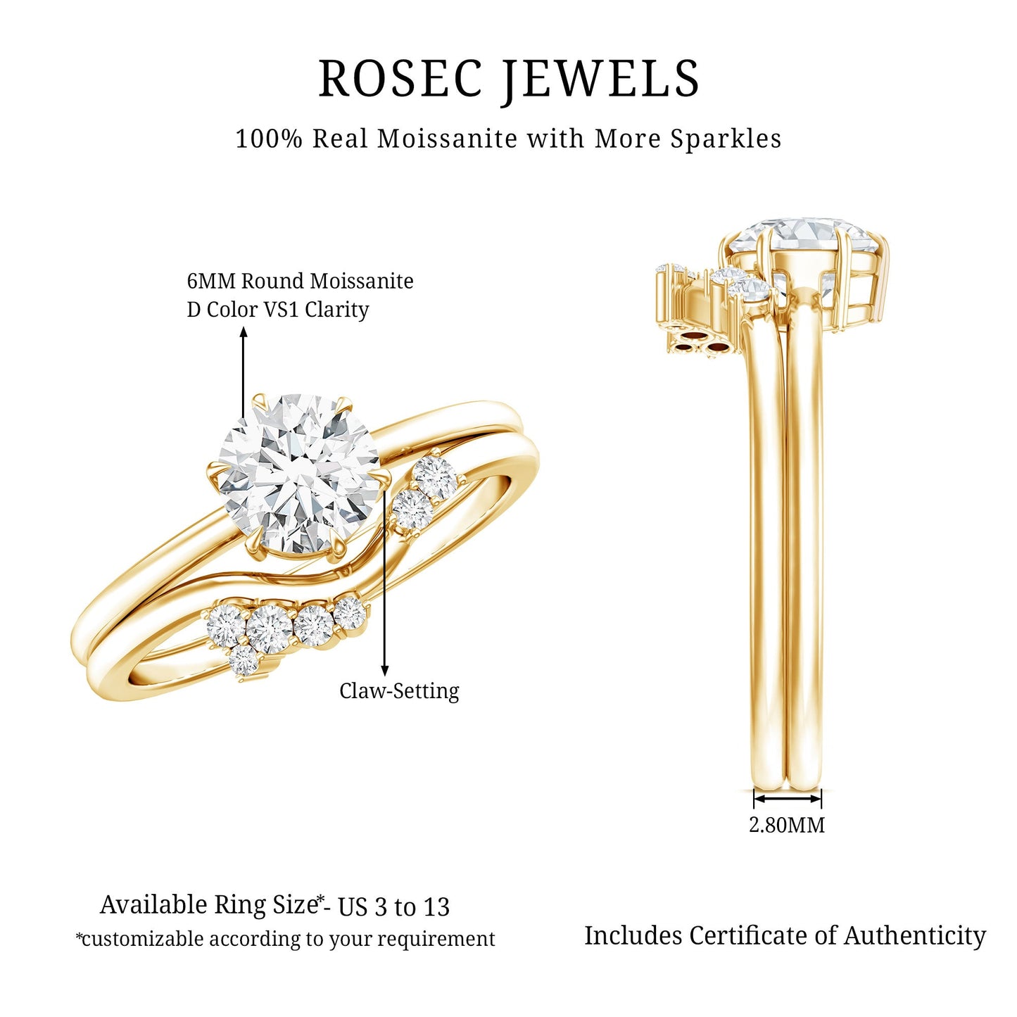 Solitaire Moissanite Wedding Ring Set for Her