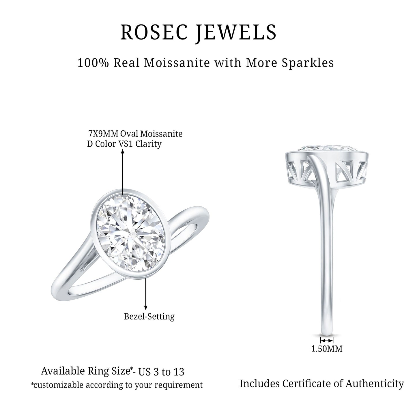Solitaire 2 Carat Moissanite Bezel Set Engagement Ring with Bypass Shank