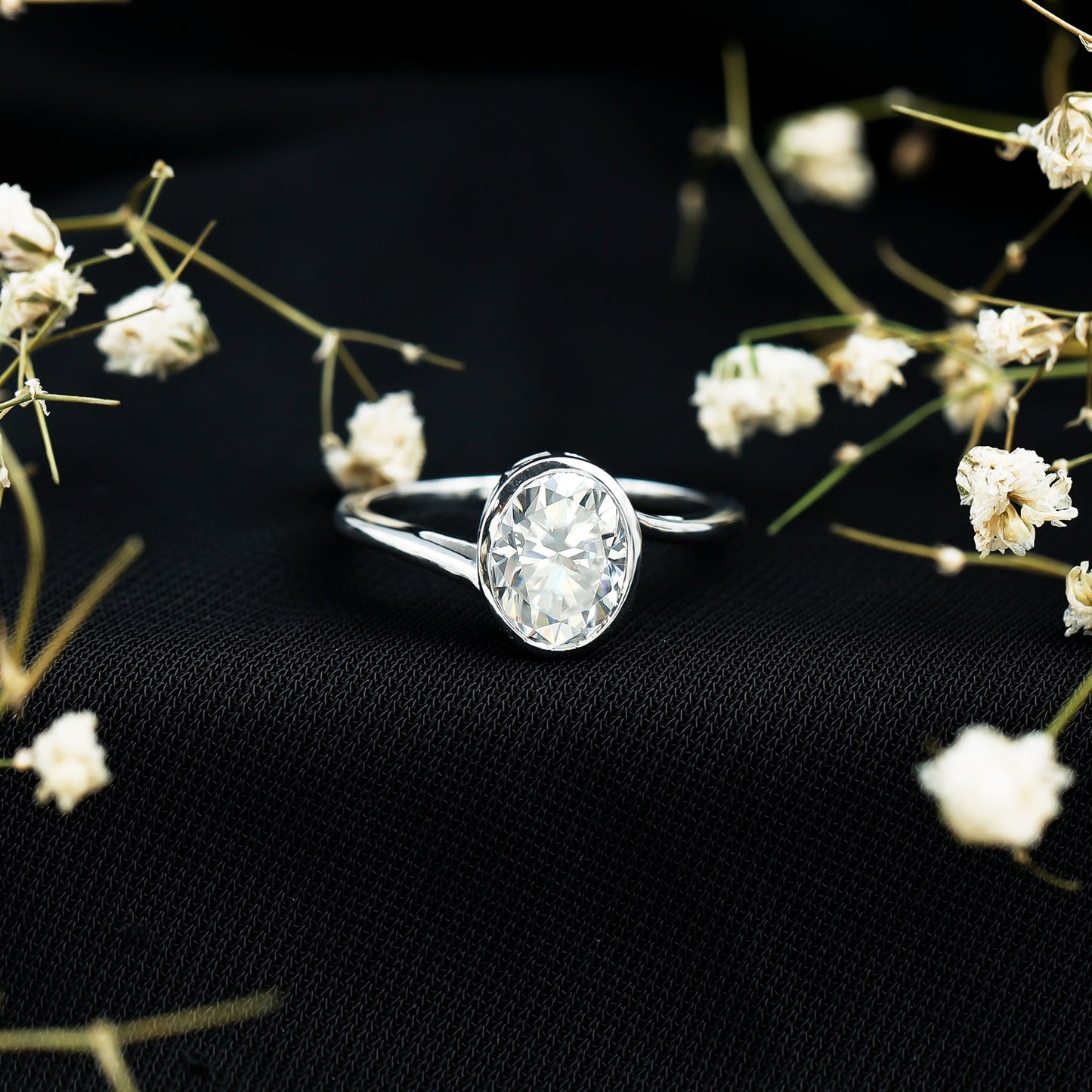 Solitaire 2 Carat Moissanite Bezel Set Engagement Ring with Bypass Shank