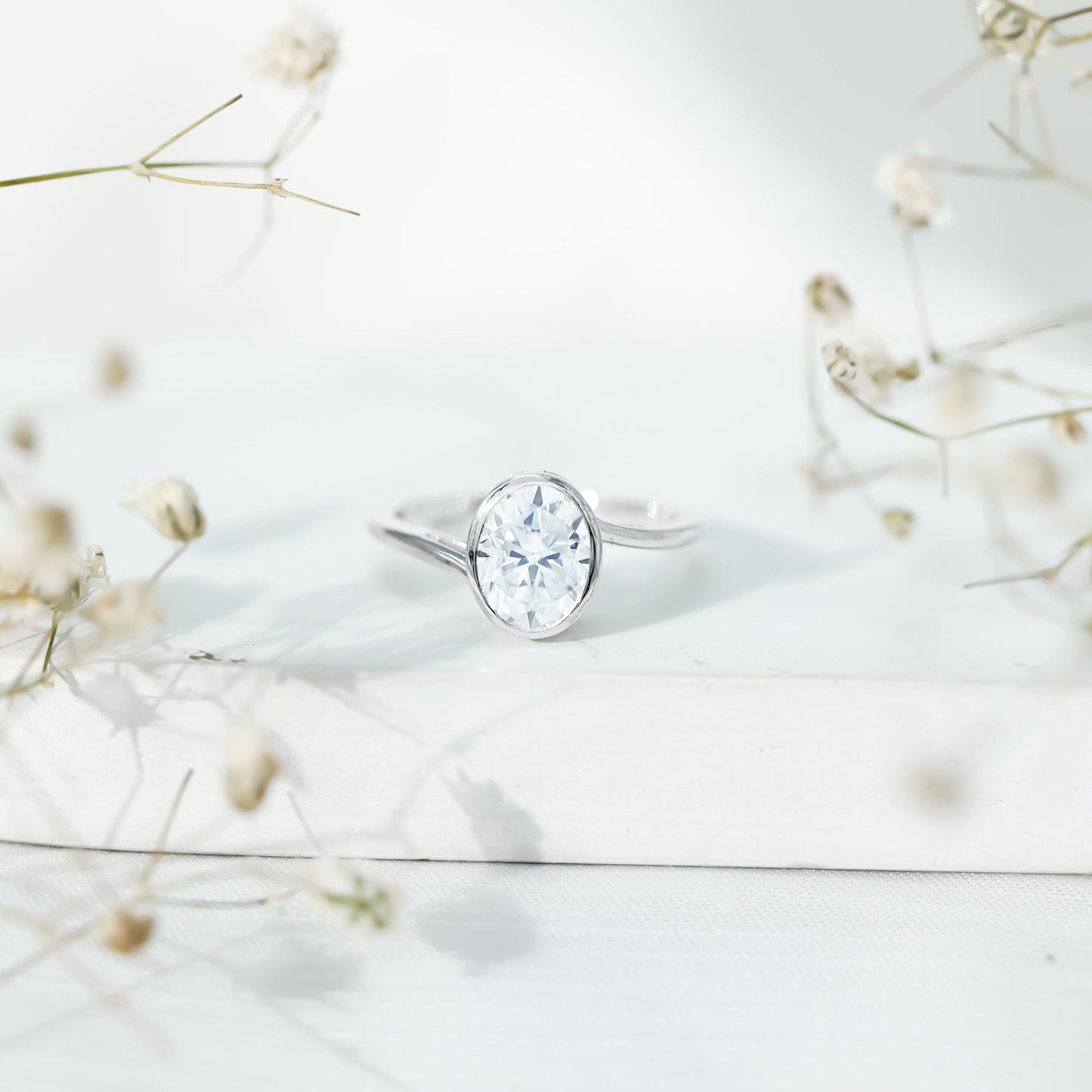 Solitaire 2 Carat Moissanite Bezel Set Engagement Ring with Bypass Shank