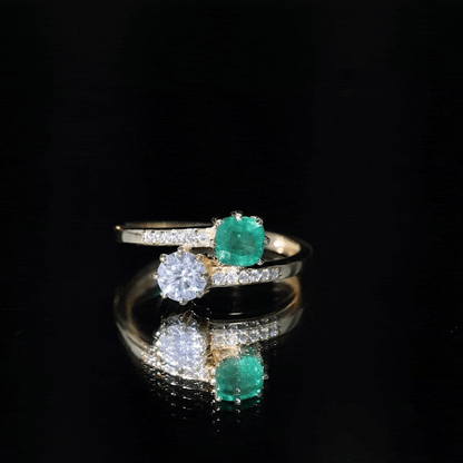 Emerald and Moissanite Two Stone Engagement Ring in Bypass Shank