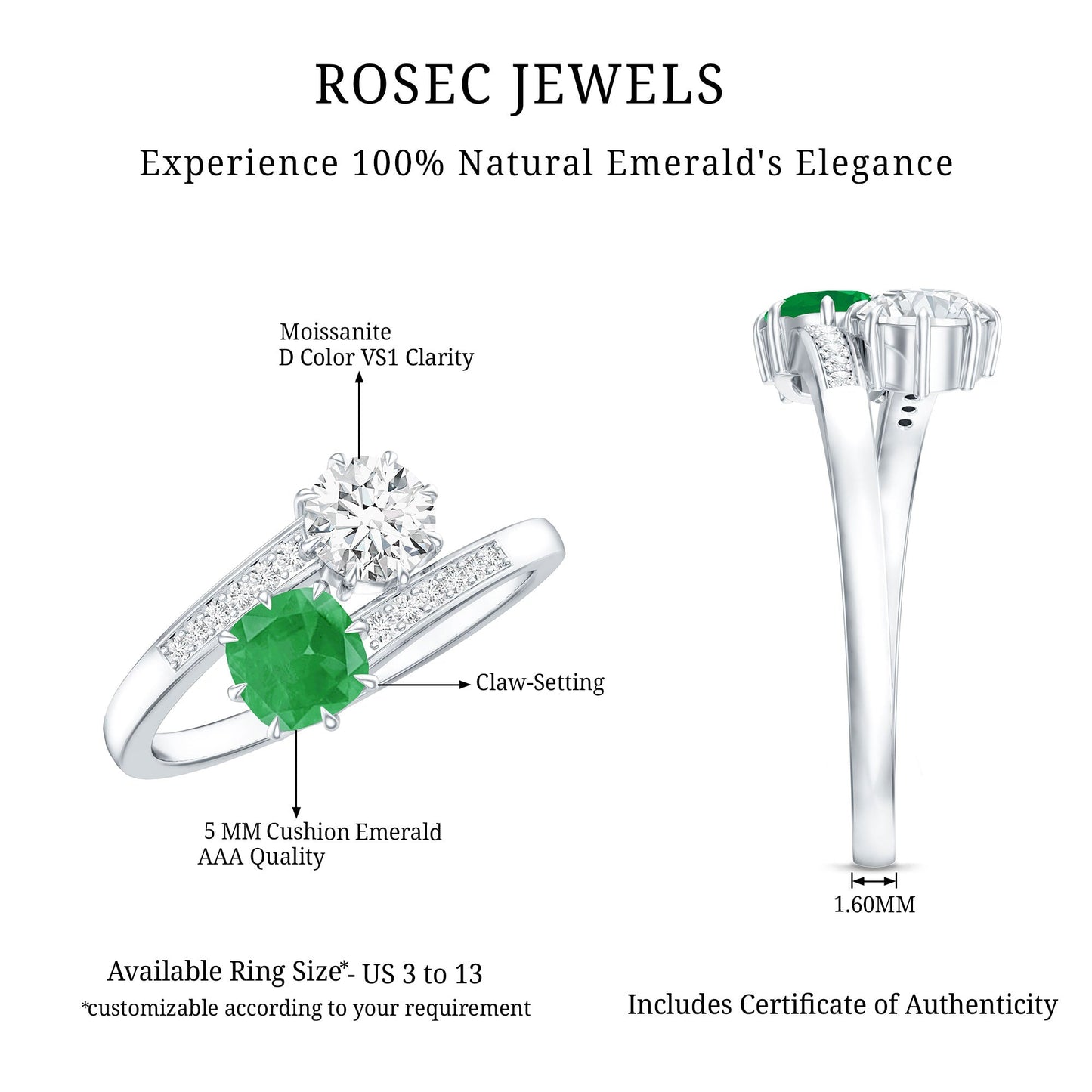 Emerald and Moissanite Two Stone Engagement Ring in Bypass Shank