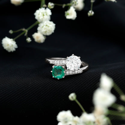 Emerald and Moissanite Two Stone Engagement Ring in Bypass Shank