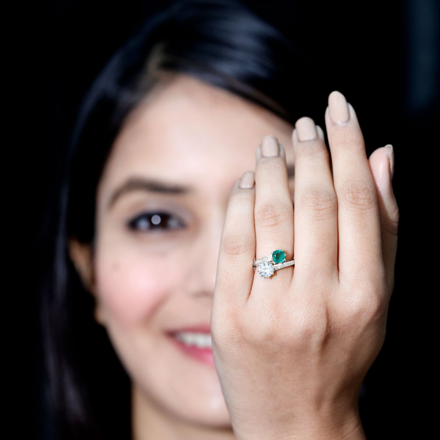 Emerald and Moissanite Two Stone Engagement Ring in Bypass Shank
