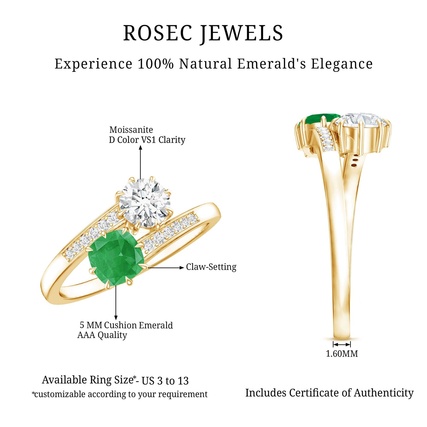 Emerald and Moissanite Two Stone Engagement Ring in Bypass Shank