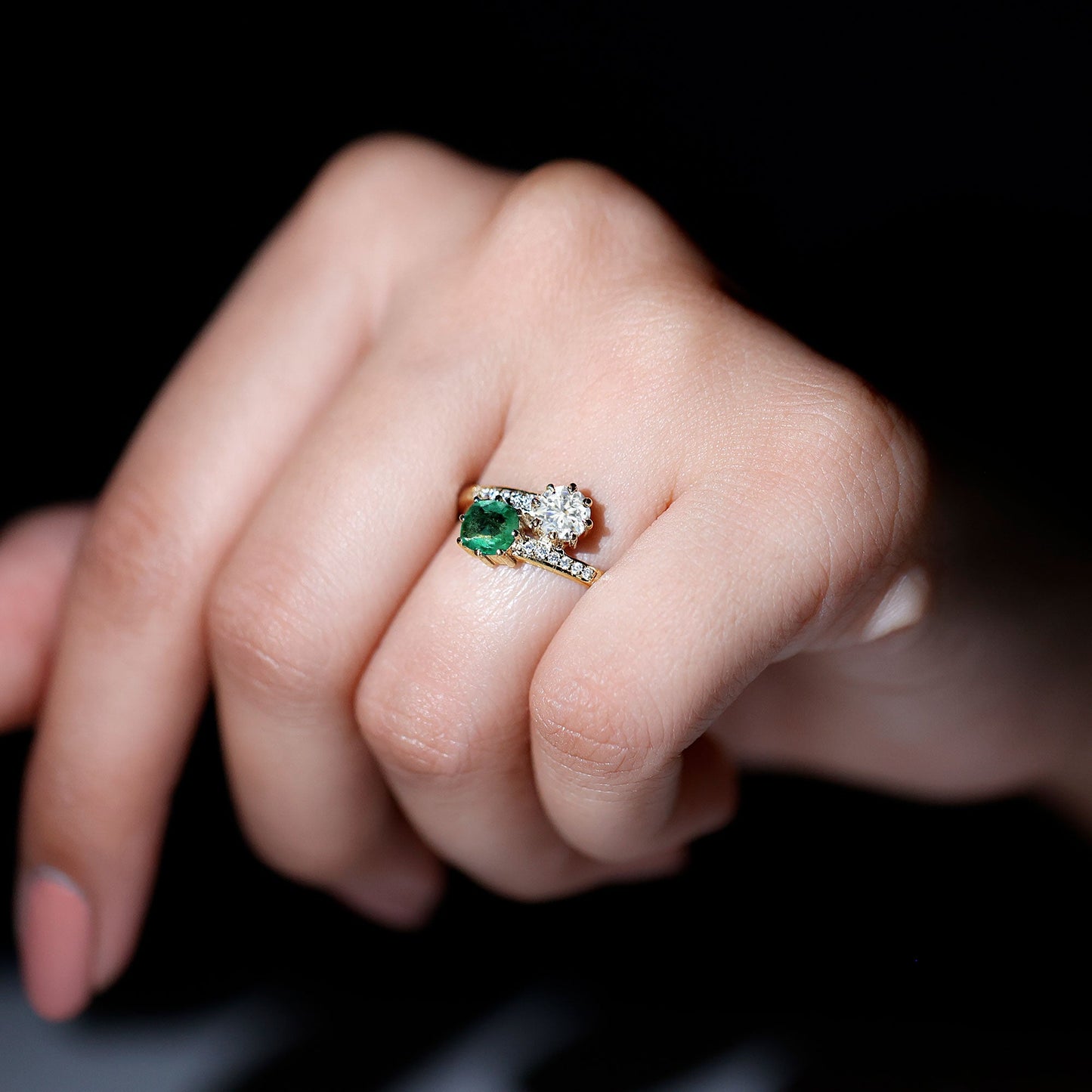 Emerald and Moissanite Two Stone Engagement Ring in Bypass Shank