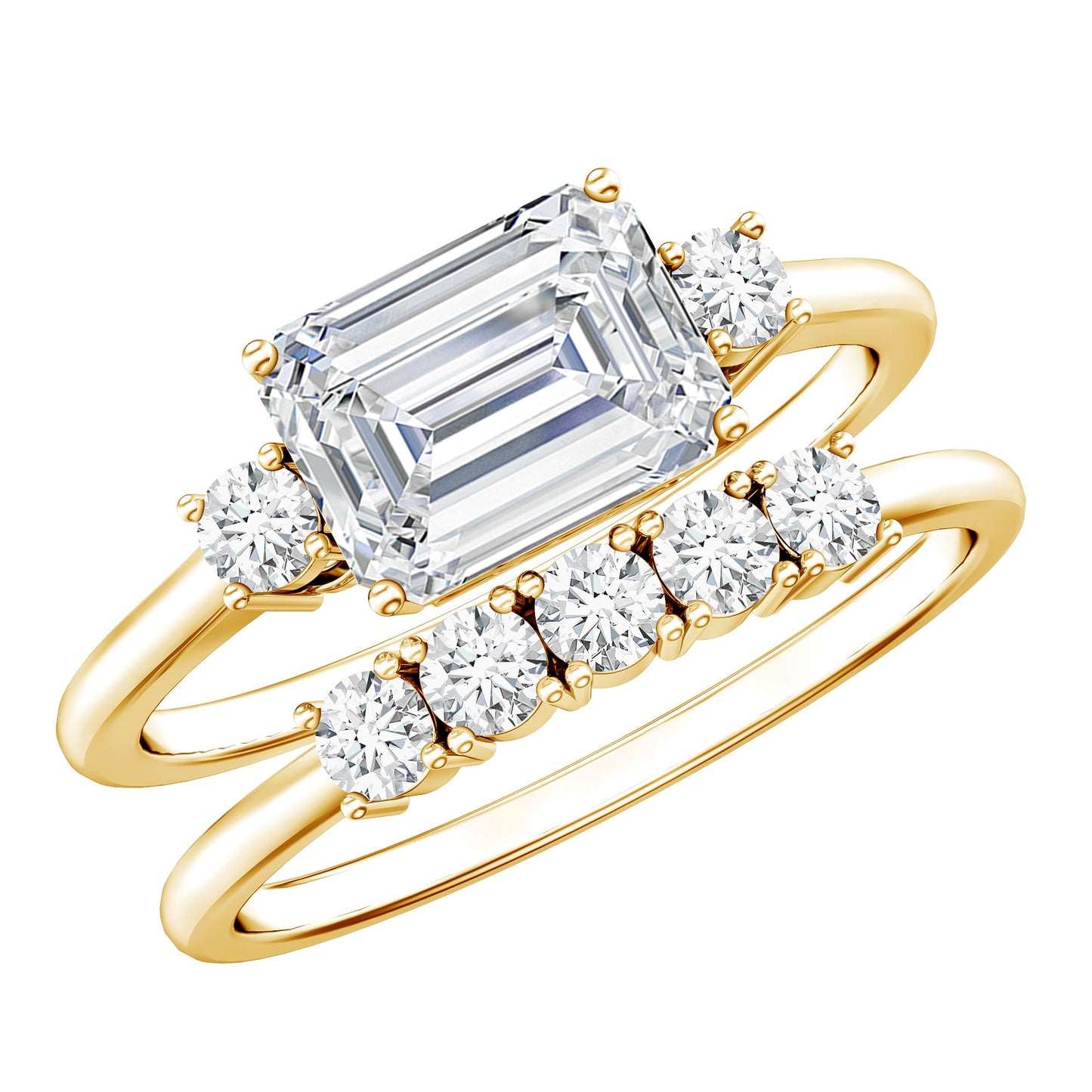 East West Emerald Cut Moissanite Engagement Ring & Wedding Band Set