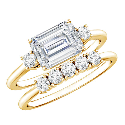 East West Emerald Cut Moissanite Engagement Ring & Wedding Band Set