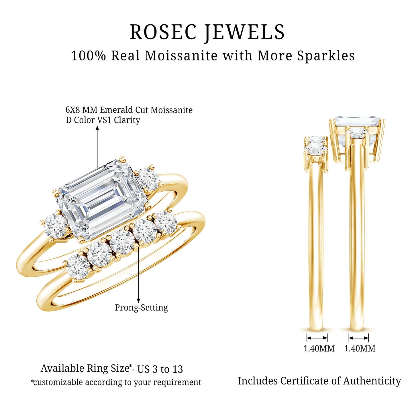 East West Emerald Cut Moissanite Engagement Ring & Wedding Band Set