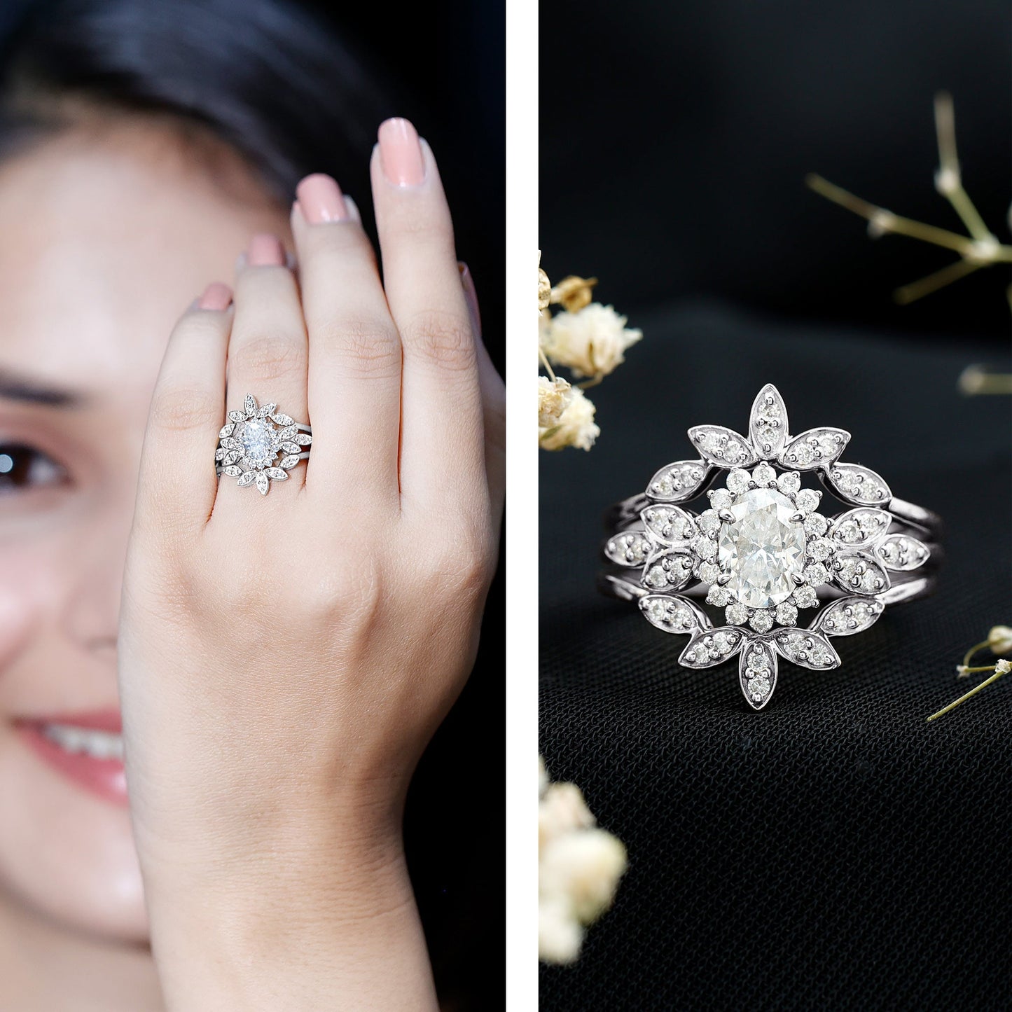 Vintage Inspired Moissanite Wedding Ring Set of 3