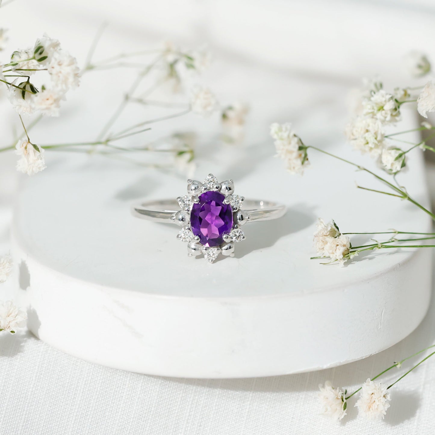 Oval Amethyst Floral Halo Engagement Ring with Diamond