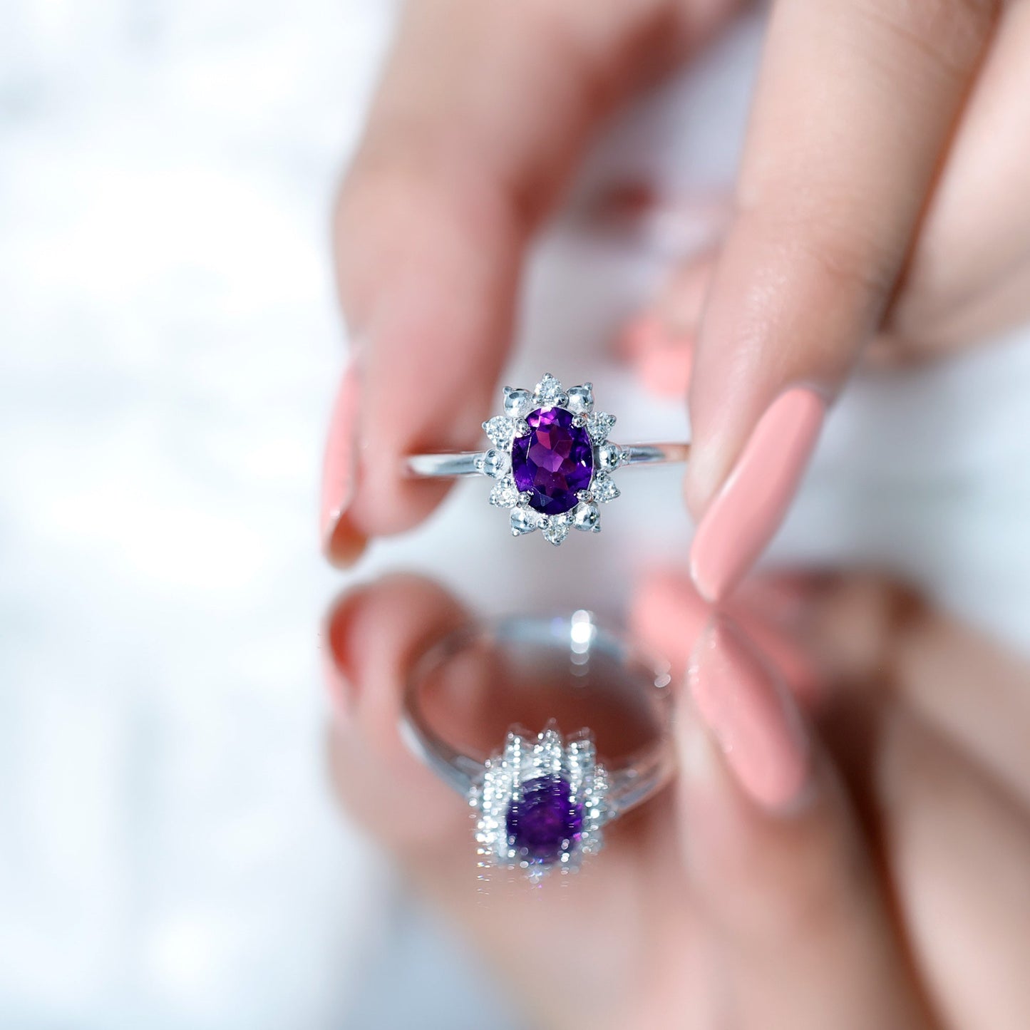 Oval Amethyst Floral Halo Engagement Ring with Diamond