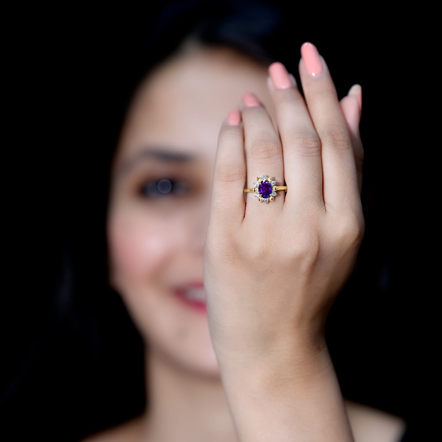 Oval Amethyst Floral Halo Engagement Ring with Diamond