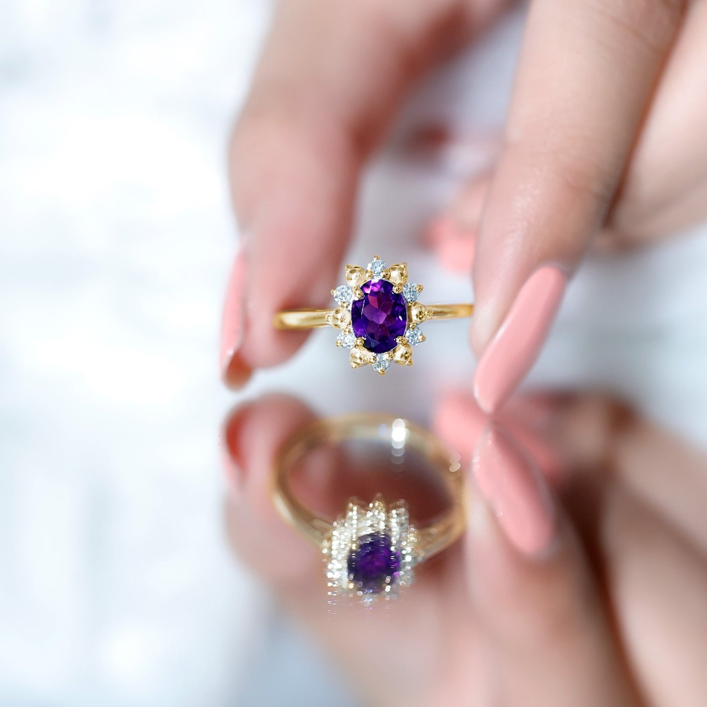 Oval Amethyst Floral Halo Engagement Ring with Diamond