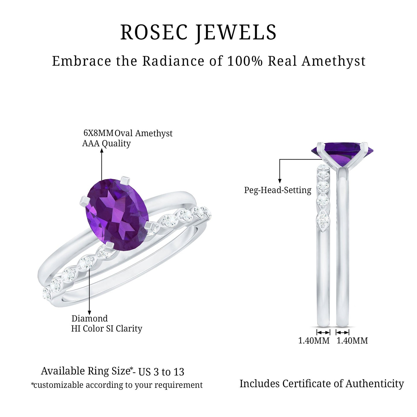 Natural 1 Carat Amethyst Oval Engagement Ring with Diamond Enhancer