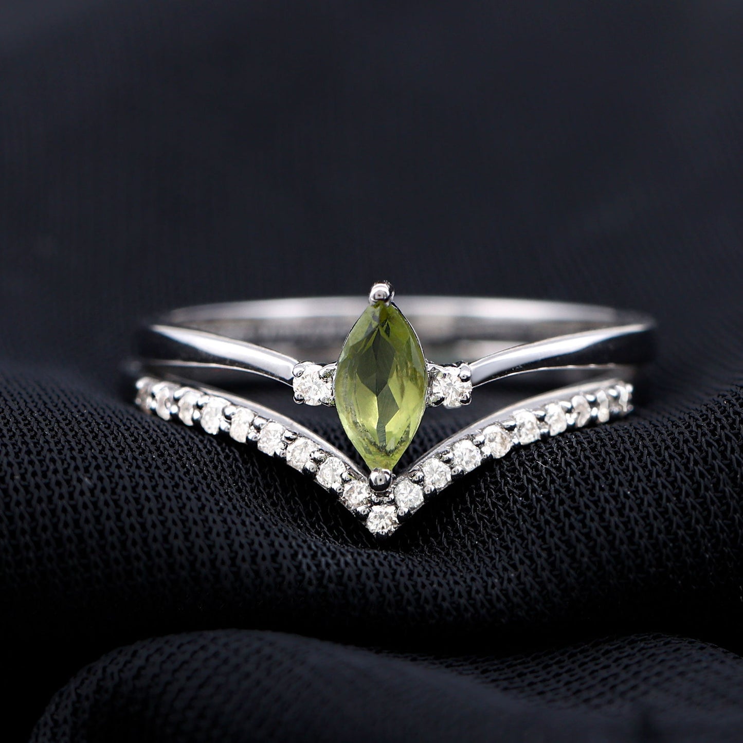 Marquise Cut Peridot Solitaire Wedding Ring Set with Diamond
