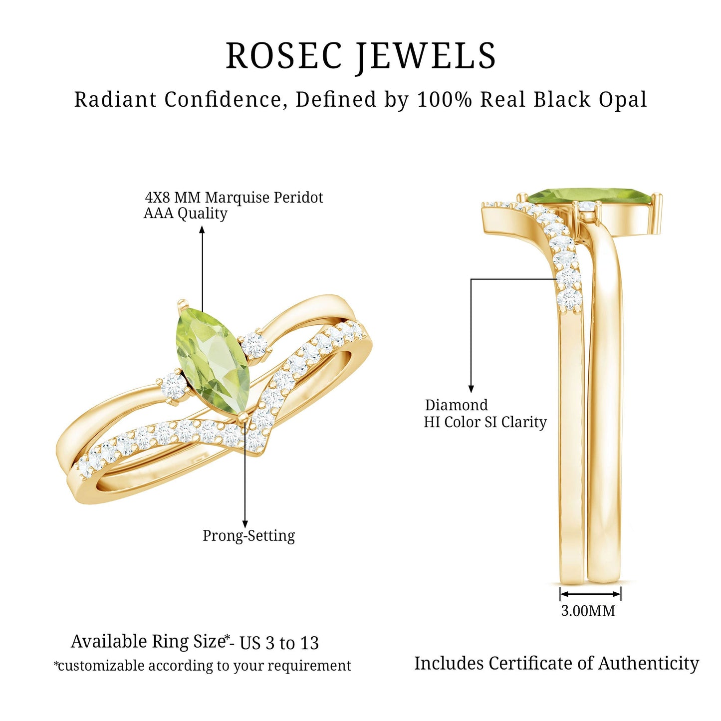 Marquise Cut Peridot Solitaire Wedding Ring Set with Diamond