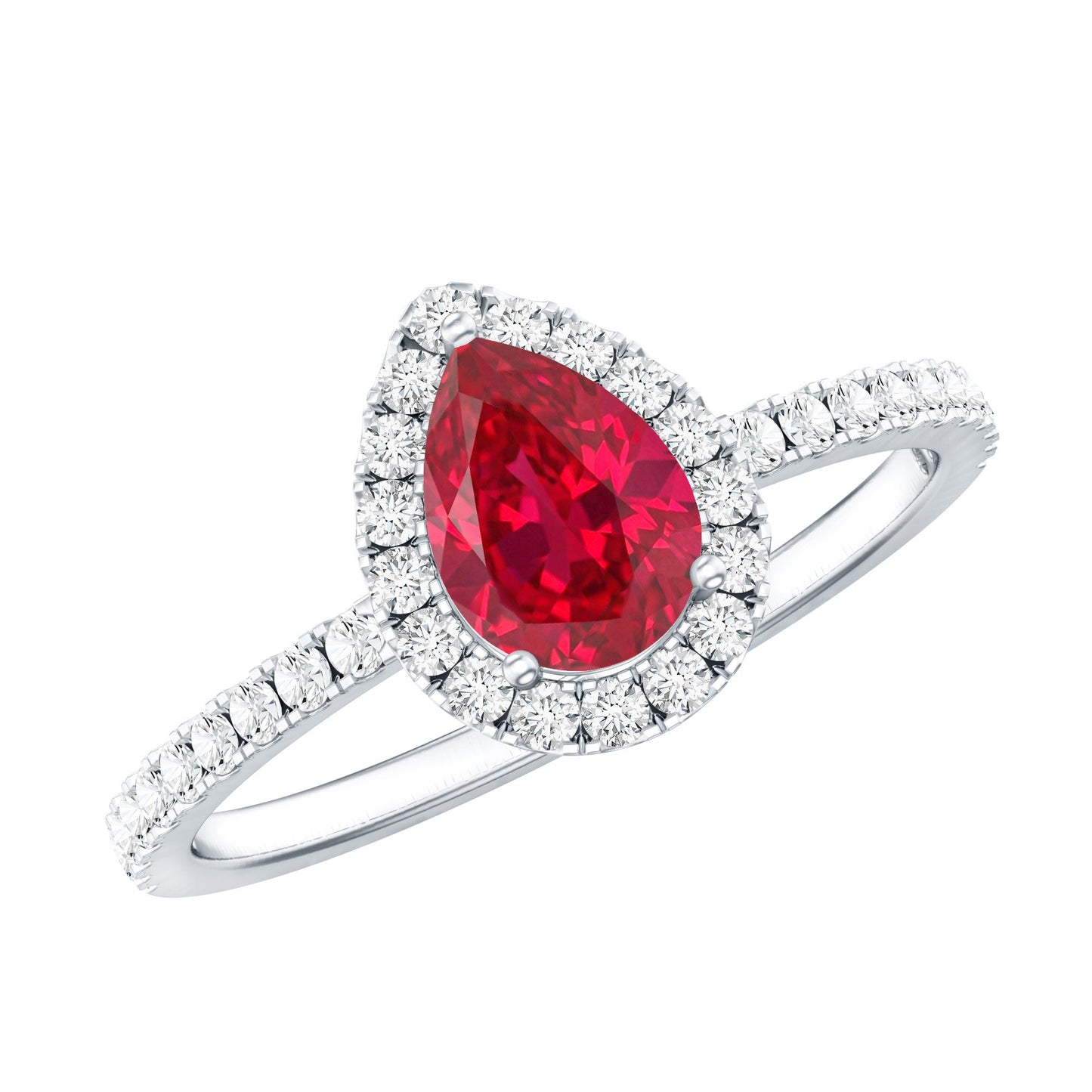Lab Created Ruby Teardrop Halo Engagement Ring with Diamond