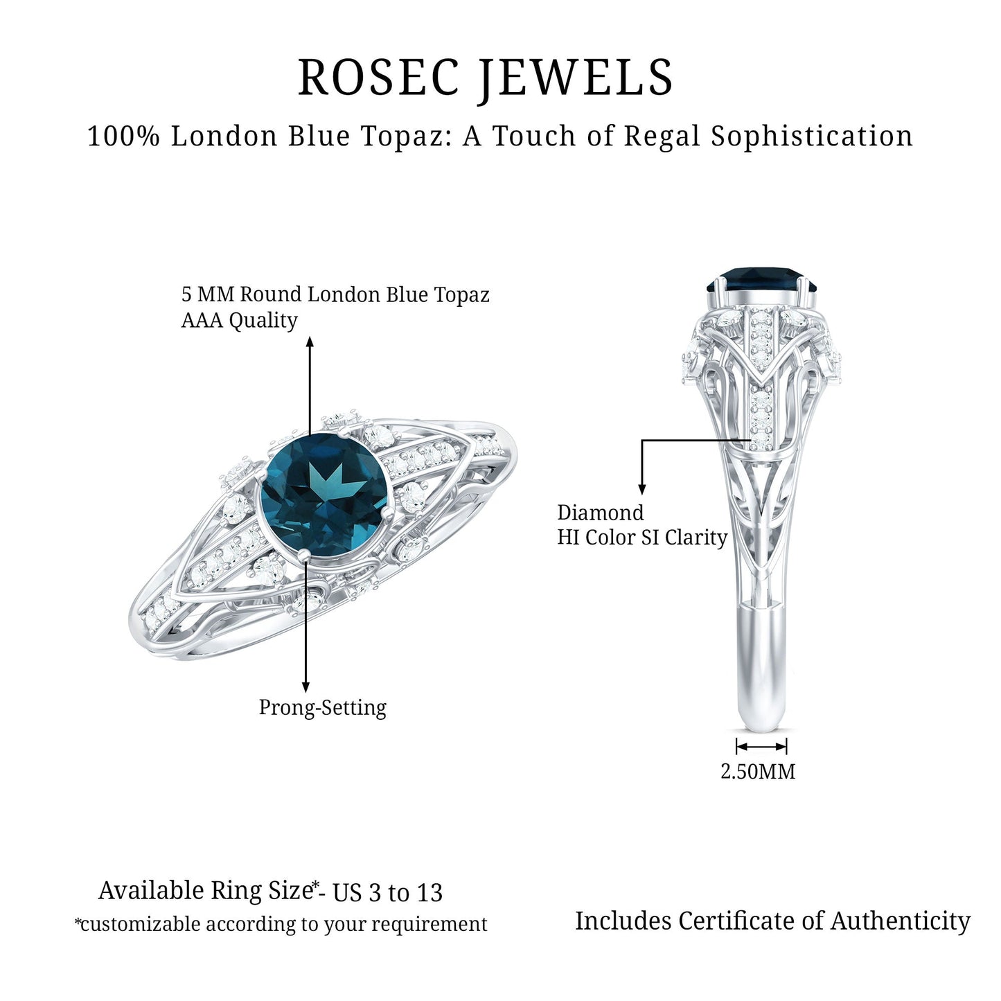 Vintage Looking London Blue Topaz and Diamond Engagement Ring With Certificate